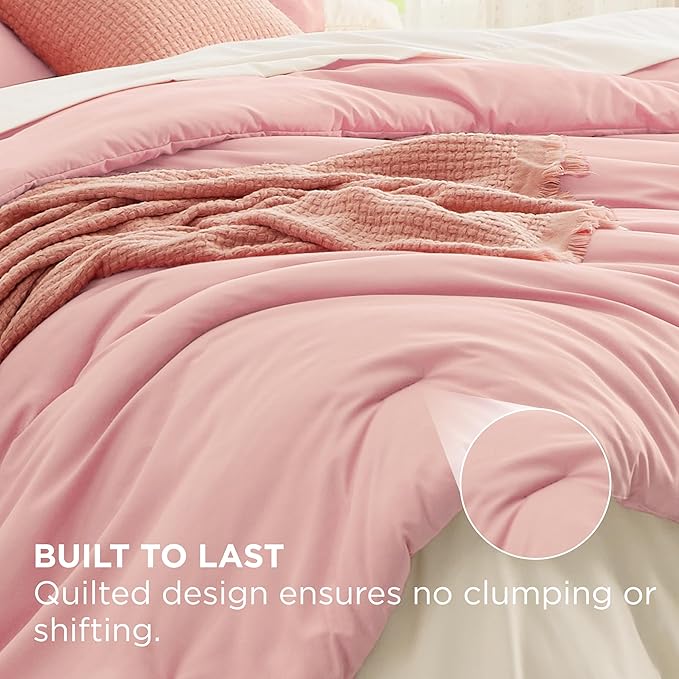 Bedsure Queen Comforter Set - 7 Pieces Pink Queen Bedding Set for All Seasons, Boho Contrasting Design Bed in a Bag with Comforter, Sheets, Pillowcases & Shams