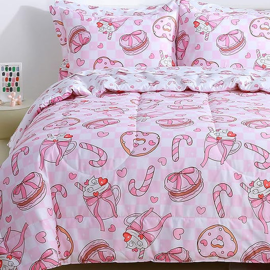 Viviland Kids Full Bedding Sets for Girls, Soft Full Comforter Set with Sheets, 7 Pieces Microfiber Bed in a Bag, Pink Dessert Cake
