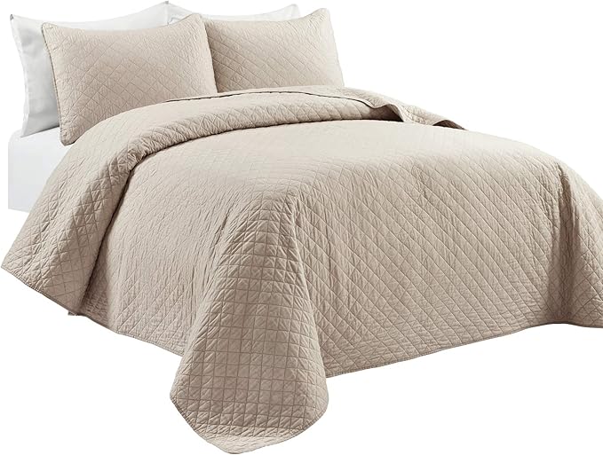 Lush Decor Ava Quilt Diamond Pattern Solid 3 Piece Oversized Bedding Blanket Bedspread Set - Full/Queen - Neutral