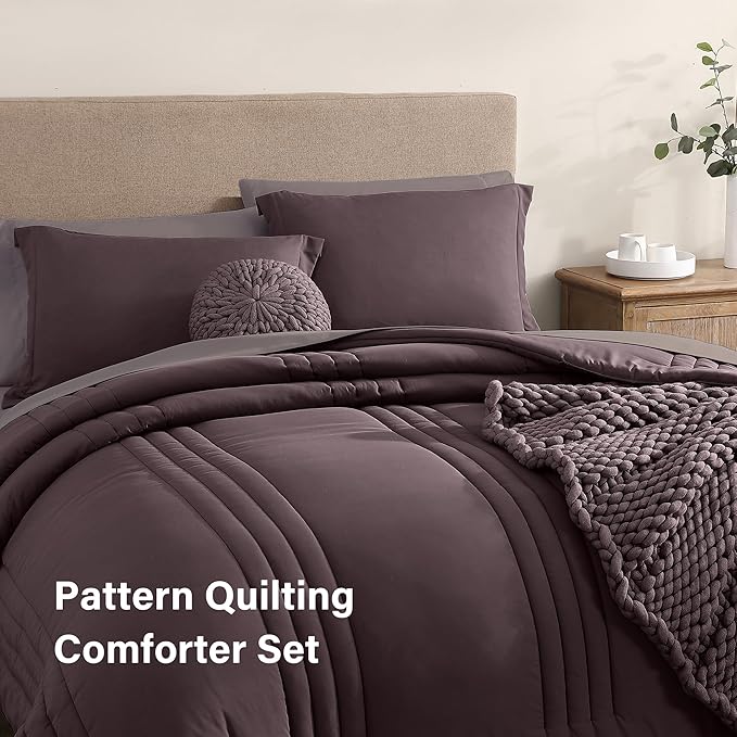 Monbix Full Size Comforter Set - 7 Pieces Bed in a Bag Full, ltalian Plum Bedding Sets with Comforter, All Seasons Comforter Bed Set with Sheets, Pillowcases & Shams