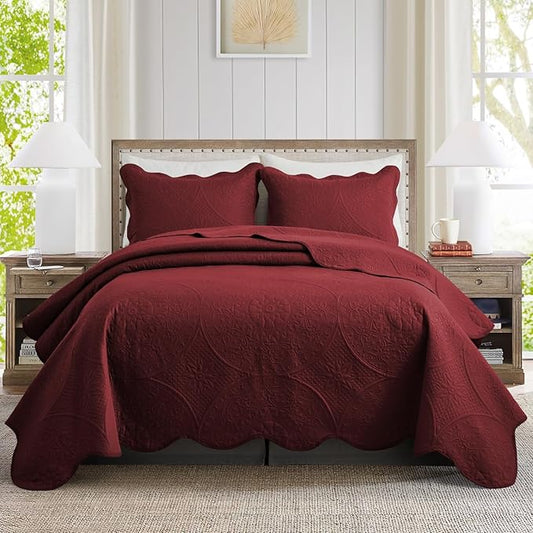 MOONLIGHT20015 King Quilt Bedding Set Size (106" x 96") + 2 Pillow Shams (20" x 36"+ 2") - 3 Pcs All Season Lightweight Reversible Quilt Bedspread Microfiber Floral Embossed Coverlet (Burgundy)