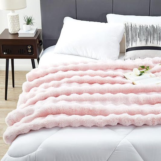 DREAMNINE Large Soft Thick Fuzzy Bubble Faux Rabbit Fur Bed Blanket Queen Size - 80" x 90", Big Warm Shaggy Fluffy Blankets for Winter, Solid Luxury Cozy Cute Bumpy Furry Blanket for Bed Adult, Pink