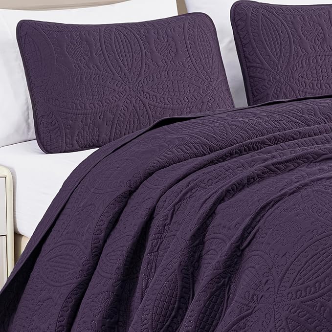 Chezmoi Collection Austin 3-Piece Oversized Bedspread Coverlet Set (King, Purple)