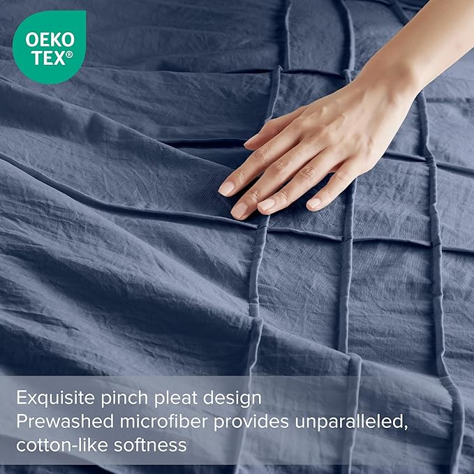Comfort Spaces Navy Full Size Duvet Cover Set - 3-pc Pintuck Pleated Duvet Cover, All Season Lightweight, Extra Softness Pre-Washed Microfiber Full Bed Cover Shams, Full