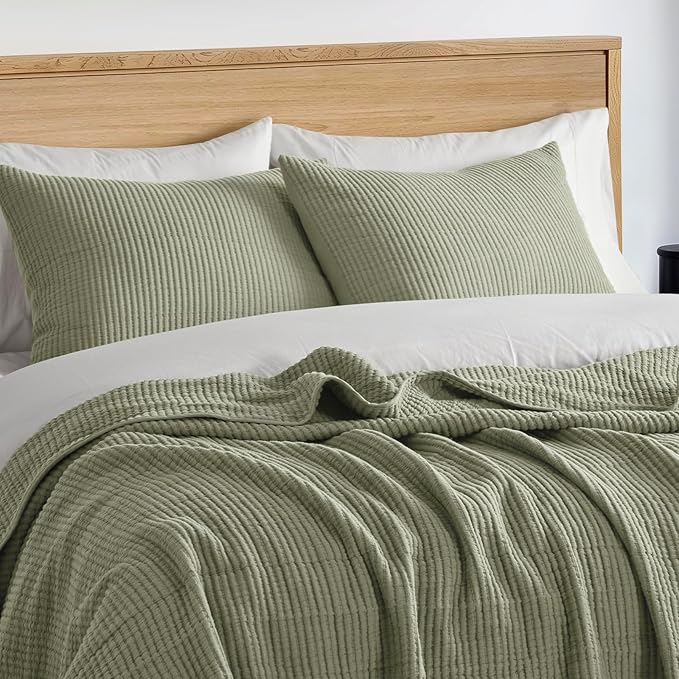 EVERGRACEHOME Cotton Coverlet Set Full Queen Size 3 Pieces, Lightweight Soft Ribbed Matelassé Bedspread Quilt Set, Oversized Quilted Bedding Set with 2 Pillow Shams for All Seasons, Light Sage Green