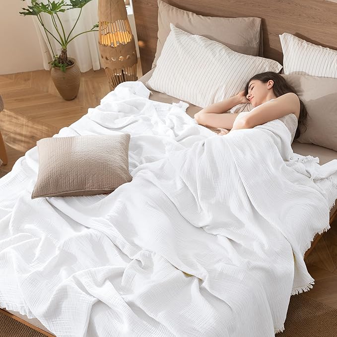 MooMee Muslin Blanket - 100% Cotton 4-Layer Gauze Throw Blanket with All-Around Fringe, Ultra-Soft Breathable Lightweight Cooling Decorative for Bed, Sofa & Couch (Bright White, Queen 90" x 90")