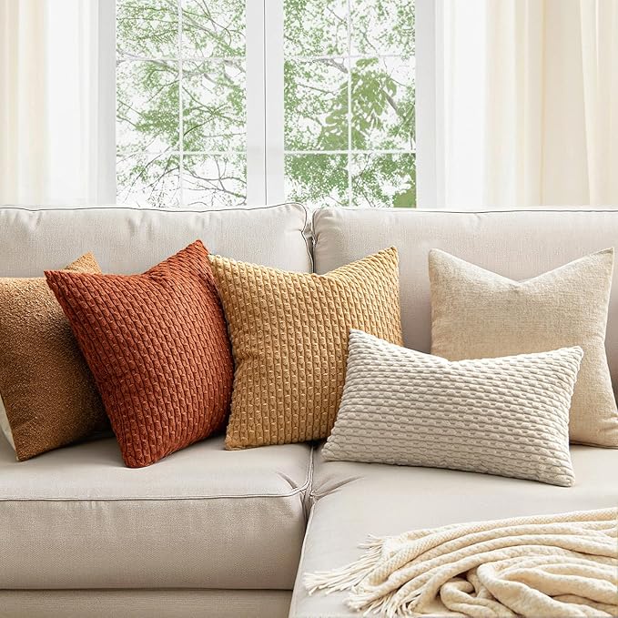 MIULEE Rust Throw Pillow Covers Soft Corduroy Decorative Set of 2 Boho Striped Pillow Covers Pillowcases Farmhouse Home Decor for Couch Bed Sofa Living Room 20x20 Inch