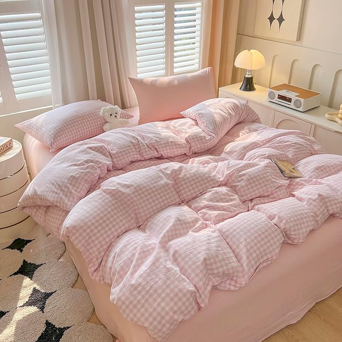 LifeTB Pink Gingham Comforter Set Full Size Modern Style Pink Grid Comforter Set 3 Pieces Plaid Checkered Pattern Comforter Fluffy Soft Farmhouse Gingham Bedding Comforter with 2 Pillowcases