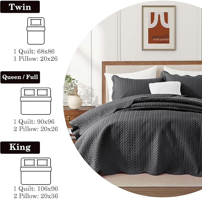 IR Imperial Rooms 8 Pack Quilt King Size Bedding (106" x 96") - Bulk Wholesale for Hotels, Guest Bedroom & Airbnbs - Lightweight Microfiber Reversible Embossed Quilts Bedspread (Charcoal)