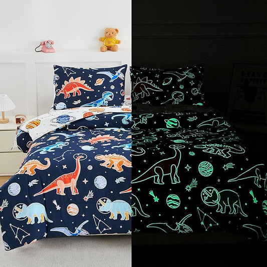 A Nice Night 5pc Glow in The Dark Kids Comforter Set,Dinosaur Galaxy Printed, Space Bedding Set Queen Size for Boys Girls Teen