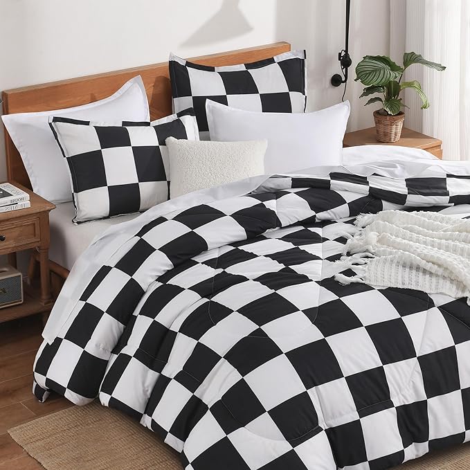 Andency Checkered Comforter King(104x90Inch), Black White Plaid Gingham Bed Set for Teen Boys Kids, Lightweight Microfiber Geometric Preppy Bedding, 3 Pieces
