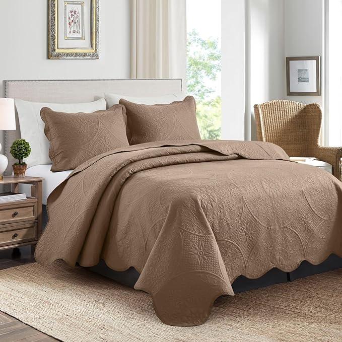 IR Imperial Rooms King Quilt Bedding Set Size (106" x 96") + 2 Pillow Shams (20" x 36"+ 2") - 3 Pcs All Season Lightweight Reversible Microfiber Coverlet Floral Embossed Quilt Bedspread (Beige)