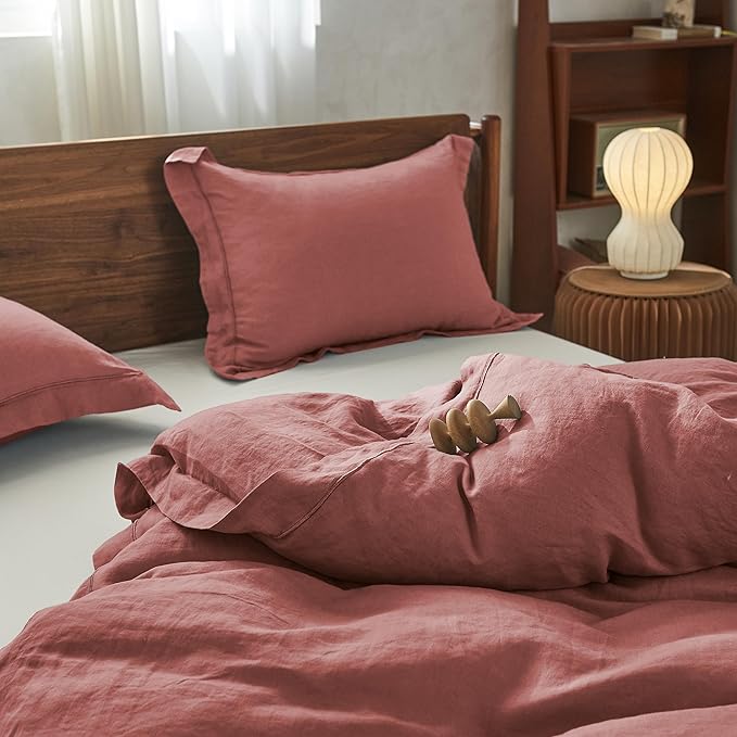 Simple&Opulence 100% Linen Duvet Cover Set with Embroidery Washed - 3 Pieces (1 Duvet Cover with 2 Pillow Shams) with Button Closure Soft Breathable Farmhouse - Coral Red, Queen Size