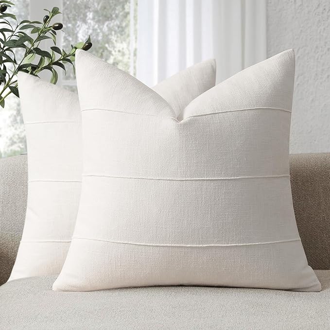 Decorative Linen Throw Pillow Covers 24x24 Set of 2 Solid handcrafted Striped Cushion Covers for Bed Soft Modern Farmhouse Neutral Pillowcase for Couch Bedroom Living Room Home Decor(Cream White)
