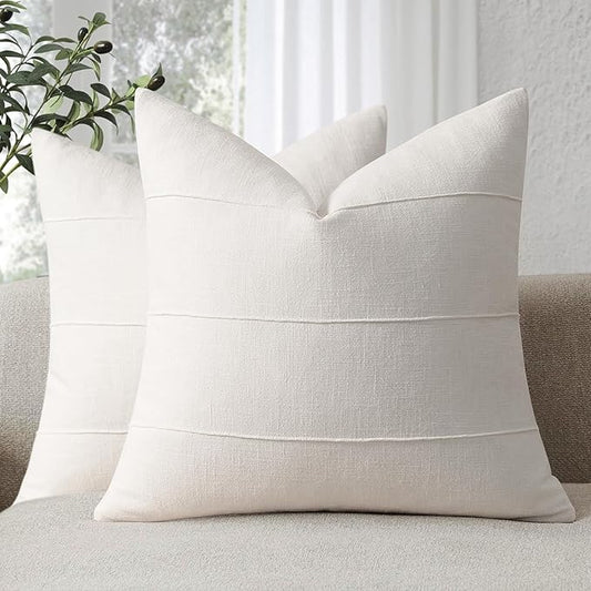 Decorative Linen Throw Pillow Covers 18x18 Set of 2 Solid handcrafted Striped Cushion Covers for Bed Soft Modern Farmhouse Neutral Pillowcase for Couch Bedroom Living Room Home Decor(Cream White)