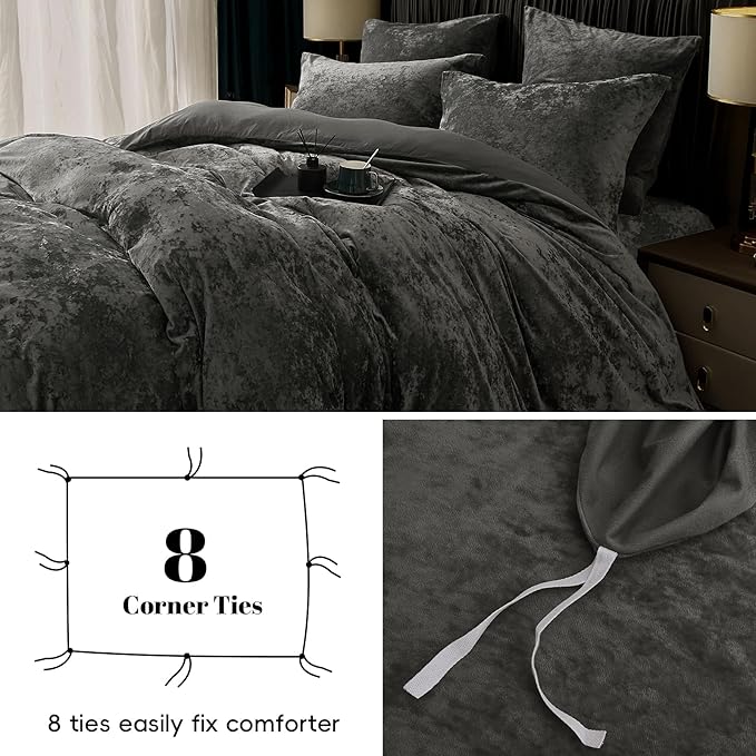 PHF Truly Velvet Duvet Cover Set King Size, 3pcs Ultra Soft Breathable Comforter Cover Set, Luxury Cozy Flannel Duvet Cover with Pillow Shams Bedding Collection, 104" x 90", Dark Gery