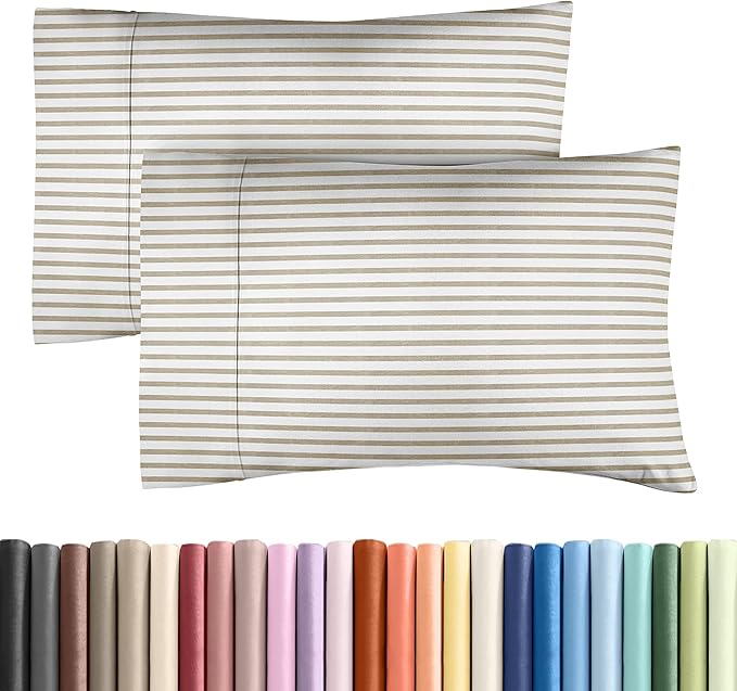 Queen Pillow Cases Set of 2 - Ultra Soft Hotel Quality Pillowcase Covers - Comfy, Cozy & Wrinkle Free - Shrinkage & Fade Resistant - Machine Washable Pillow Protectors - 2 Piece Set - Beige Stripes 2