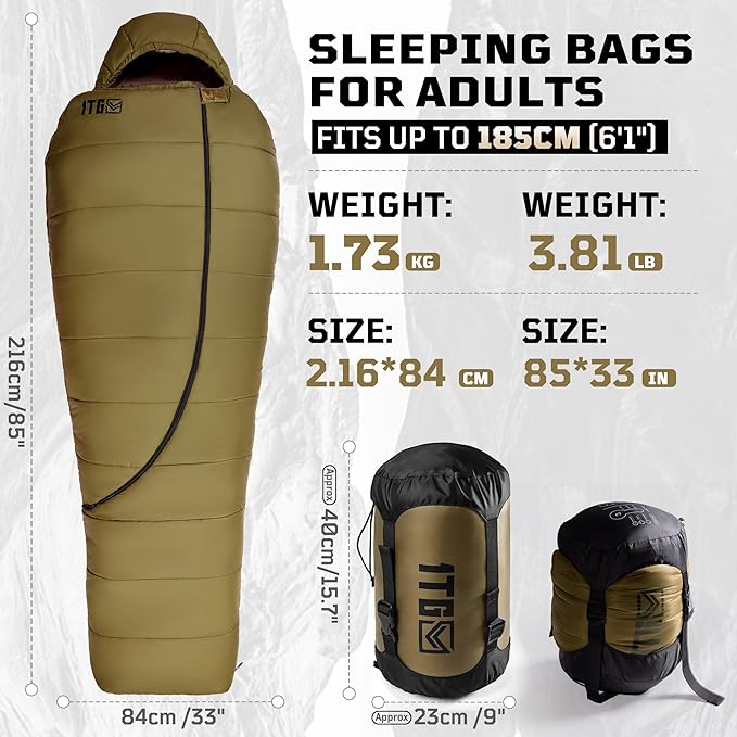 Sleeping Bag for Adults, 25-36℉Cold Weather Mummy Sleeping Bag, Lightweight 3–4 Season Winter Sleeping Bag with Adjustable Hood, Phone Pocket & Compression Sack for Camping Hiking Backpacking