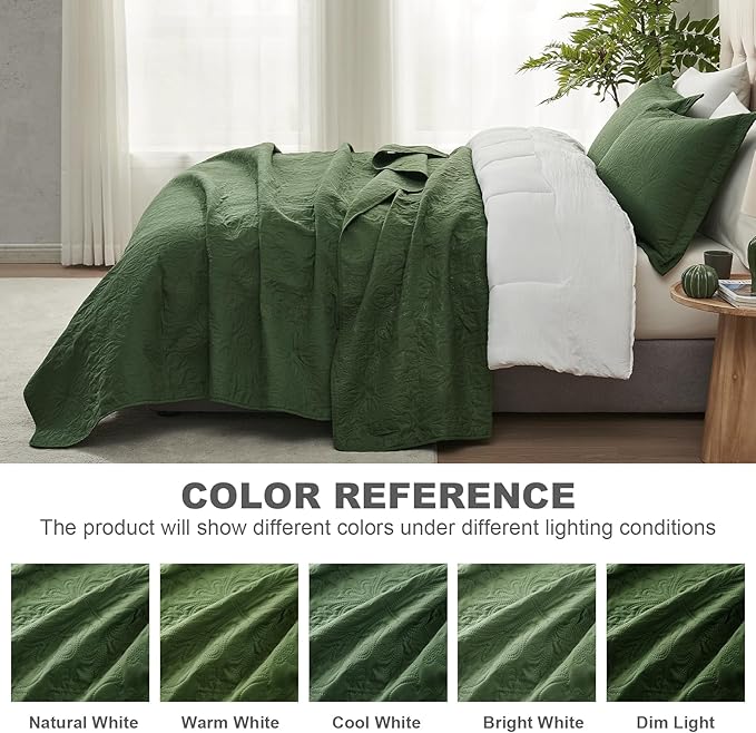 Hansleep Olive Green Quilt King Size - Baroque Ultrasonic All Season Bedspread King, Soft Lightweight Coverlet Bedding Set, 3 Pieces (1 Quilt, 2 Pillow Shams)