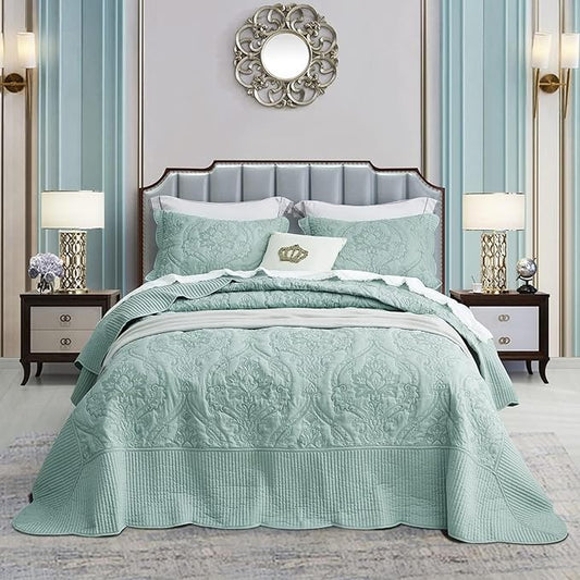 CHIXIN Bedspread Coverlet Set Queen Size - Lightweight Bedding Cover - Beautiful Stitching - 5 Piece Reversible Bedspread - Gorgeous Damask Paisley Pattern (Queen, Seaglass)