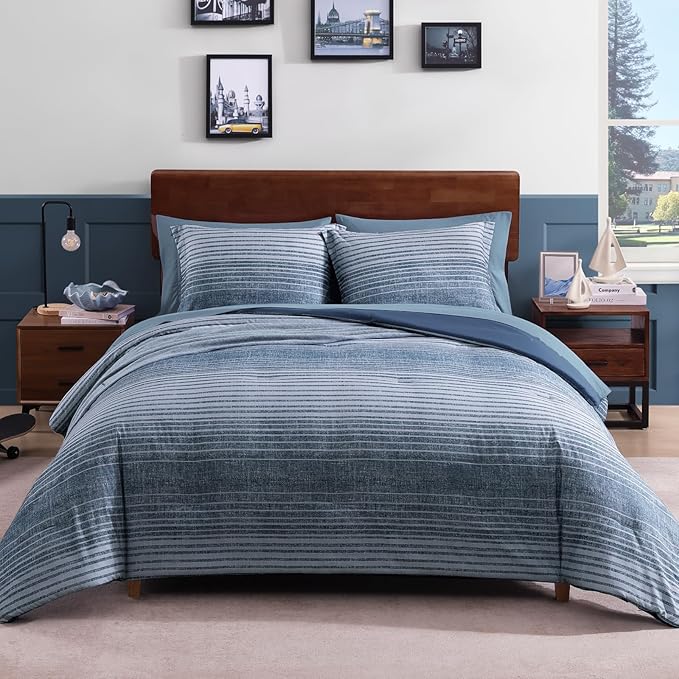 Full Comforter Set Striped, Lake Blue Bedding Set 7 Pieces for Boys Girls Teen, All Season Bed in a Bag for Dorm with Sheets, Pillowcases & Shams