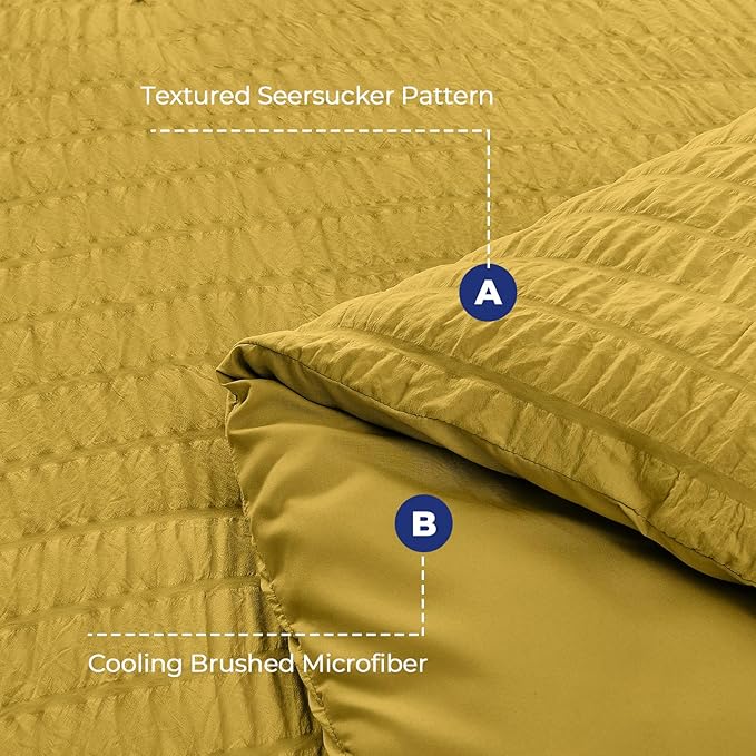 HYMOKEGE Mustard Yellow Duvet Cover Queen Size, Ultra Soft 3-Piece Seersucker Duvet Cover Set with Zipper Closure, Soft Brushed Microfiber Bedding Set with 8 Corner Ties (90"x90", 2 Pillowshams)