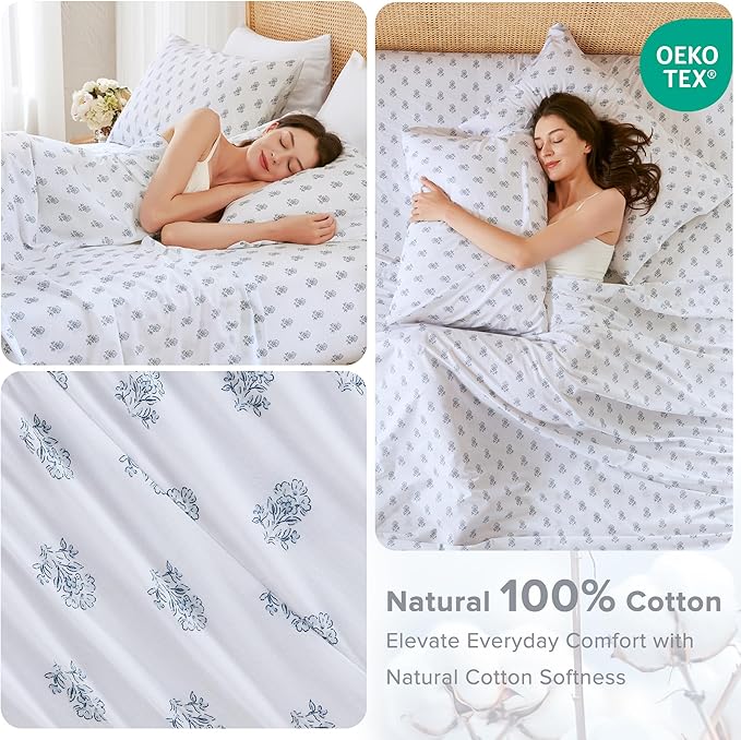 Comfort Spaces 100% Cotton Sheets King, Breathable, Naturally Cool Cotton Sheets, Soft Cotton Bed Sheets with 14" Elastic Pocket Fits up to 16" Mattress, All Seasons Sheet Set, Floral Blue 4 Piece