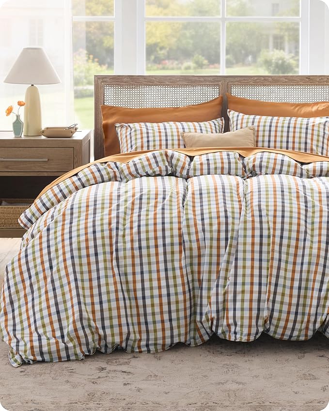 Bedsure 100% Cotton Reversible Plaid Duvet Cover King Size - Classic Warm Gingham Pattern Comforter Cover with Zipper Closure & 2 Pillow Shams, Comforter Sold Separately (Warm Plaid 104"x90")