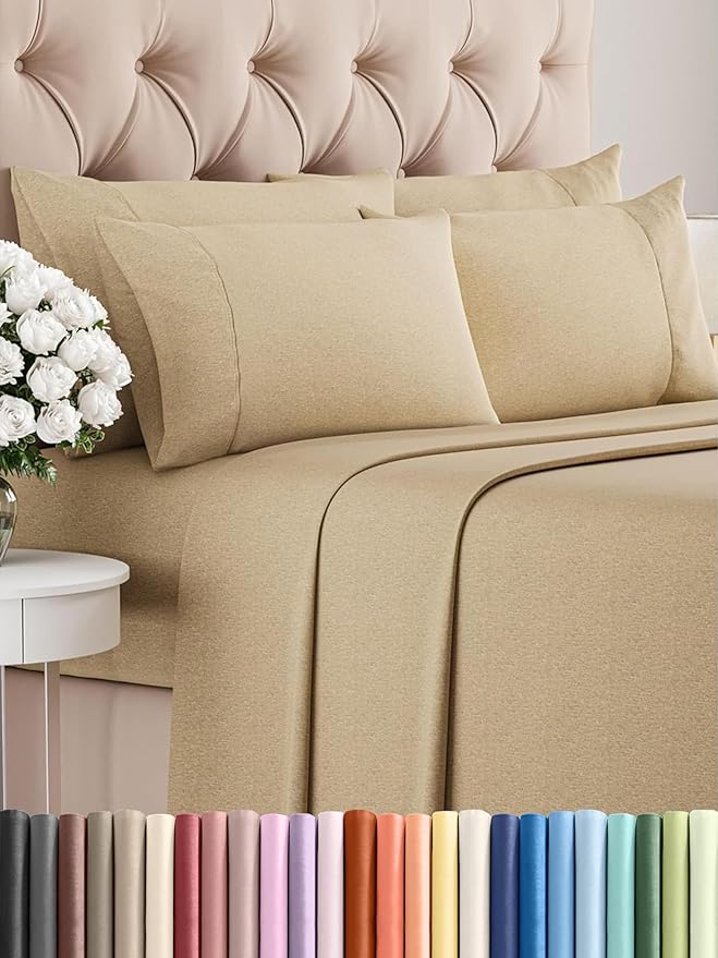 Full 6 Piece Sheet Set - Comfy Breathable & Cooling - Ultra Soft Hotel Luxury Bedding Set w/ 8-16 Inch Deep Pockets - 1 Flat & 1 Fitted Sheet & 4 Pillowcases - Wrinkle Free & Easy Care - Heathered Tan