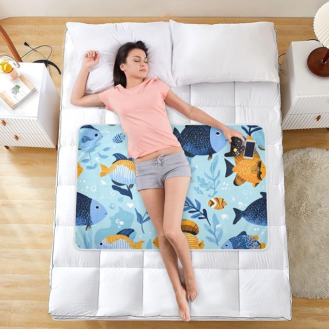Waterproof Bed Pad Reusable Changing Pad Toddler Mattress Protector Large Pee Pad Baby Diaper Pad Soft Washable Liner Light Blue Fish Seaweed and Bubbles