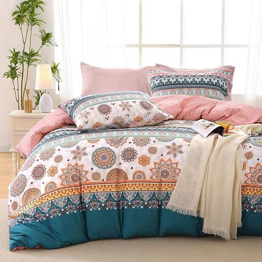 MUXHOMO Full Comforter Set, Bohemian Elegant Floral Print Bed in a Bag 7 Pieces, Ultra Soft & Breathable Reversible Botanical Pattern Bedding Set with Comforter, Sheets, Pillowcases, and Shams
