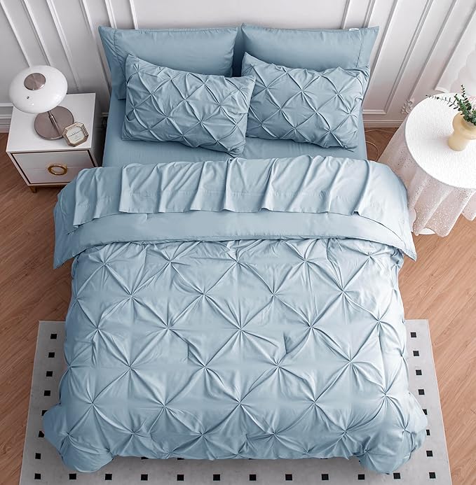 LANE LINEN Twin Comforter Set - 5 Piece - Elegant Pintuck Stitch Design Bedding - with 1 Comforter, 1 Pillowcase, 1 Sham, 1 Flat & 14" Fitted Sheet - Super-Soft, All-Season Everyday Use – French Blue | Everyday soft touch, Fade resistant, Wrinkle resis...