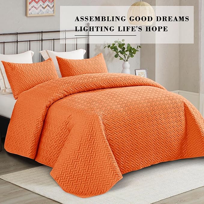 Exclusivo Mezcla King Size Quilt Bedspreads with Basket Weave Pattern, Soft Lightweight Summer Quilts Bedding Set Coverlets Bed Cover for All Seasons, Orange