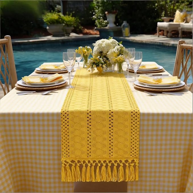 Socomi Boho Table Runner Easter Spring Farmhouse Rustic Dining Kitchen Centerpiece Decor Small Macrame Woven Cotton Linen Coffee Table Runner for Dresser Scarf Home Decor 12x48 in Yellow Gold