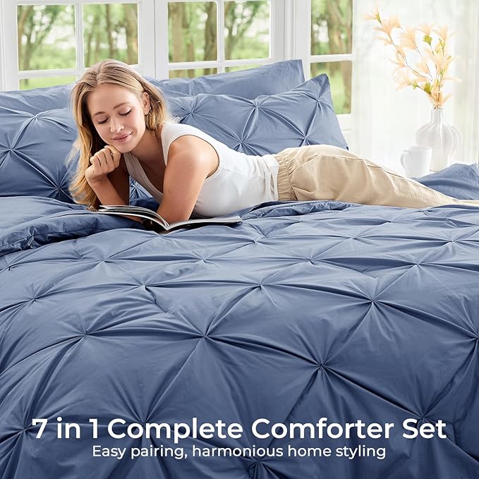 Sasttie Queen Comforter Set, 7-Piece Bed in a Bag, Pintuck Bedding Sets for All Season, Includes Comforter, Flat Sheet, Fitted Sheet, Pillowcases and Pillowshams, Slate Blue