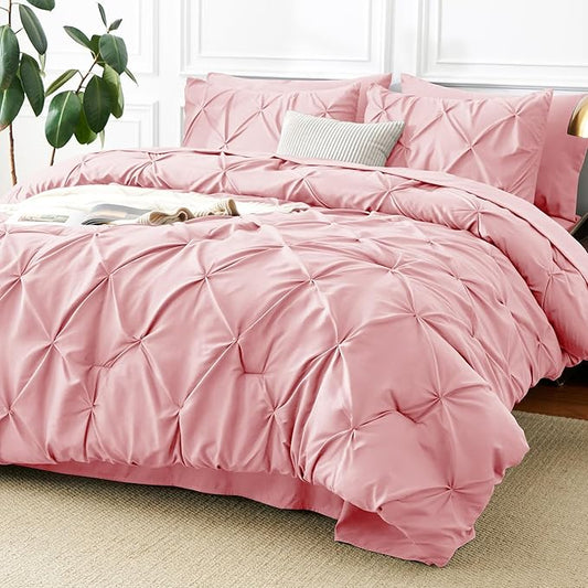 CozyLux King Size Comforter Set Pink, 7 Pieces Pintuck Bed in A Bag Pink Comforter King Size, Pinch Pleat Bedding Set with All Season Comforter, Sheets, Pillowcases & Shams