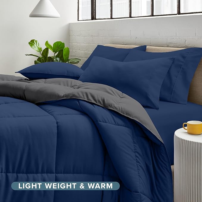 Bare Home Reversible Bed-in-A-Bag Comforter & Sheet Set - Full - Down Alternative - Soft - Bedding Set (Full, Dark Blue/Grey, Dark Blue)