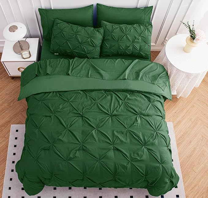 Twin Sized Comforter Set – 5-Pc All in One Bed in a Bag - Featuring Modern Pintuck Stitch Design - Includes Comforter, 1 Pillowcase, 1 Sham, 1 Flat & 1 Fitted Sheet - Apartment Essential - Olive Green | Apartment ready, Modern pintuck, All season comfo...