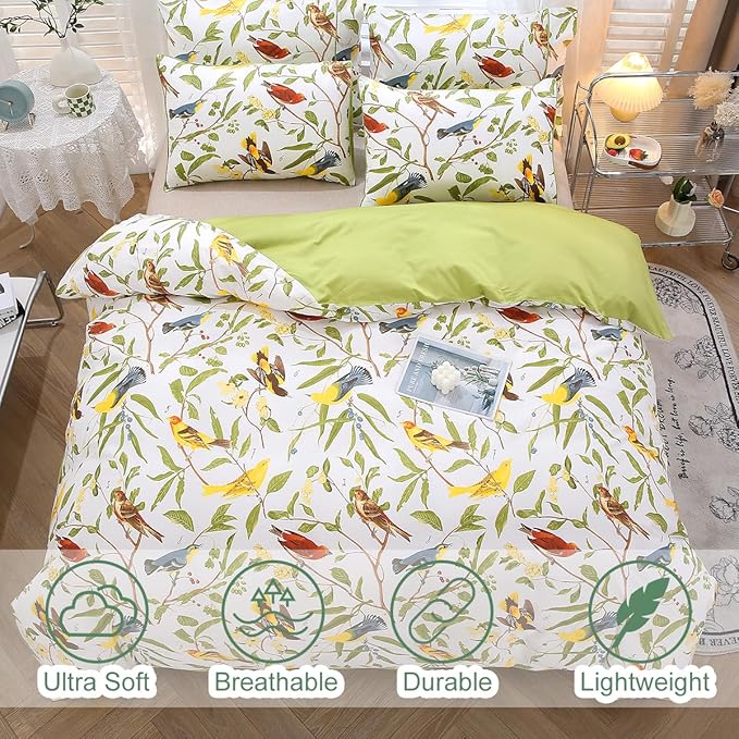 URBONUR 100% Cotton Percale Duvet Cover Set Queen Size 3 PCS Soft Breathable Botanical Bedding Set Green Leaves and Birds Printed on White Duvet Cover, Corner Ties Button Closure