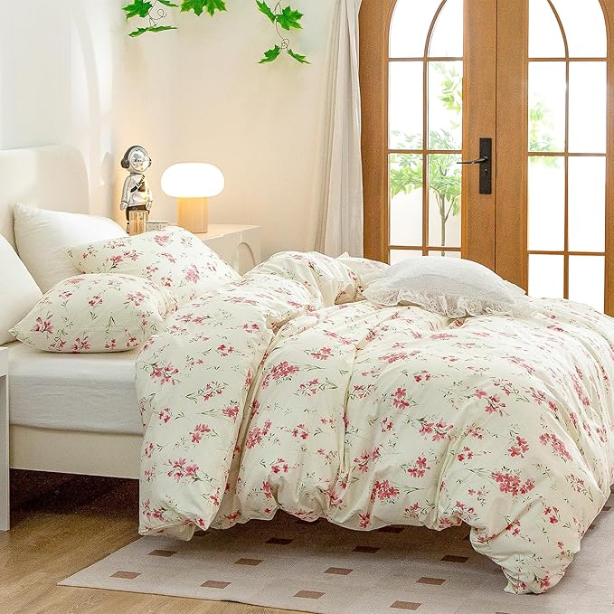 CottonLife Floral Queen Duvet Cover 100% Brushed Microfiber 3 Pieces Queen Bedding Sets, Red Floral Chic Garden Style Floral Pattern Queen Duvet Set Print with Zipper Closure