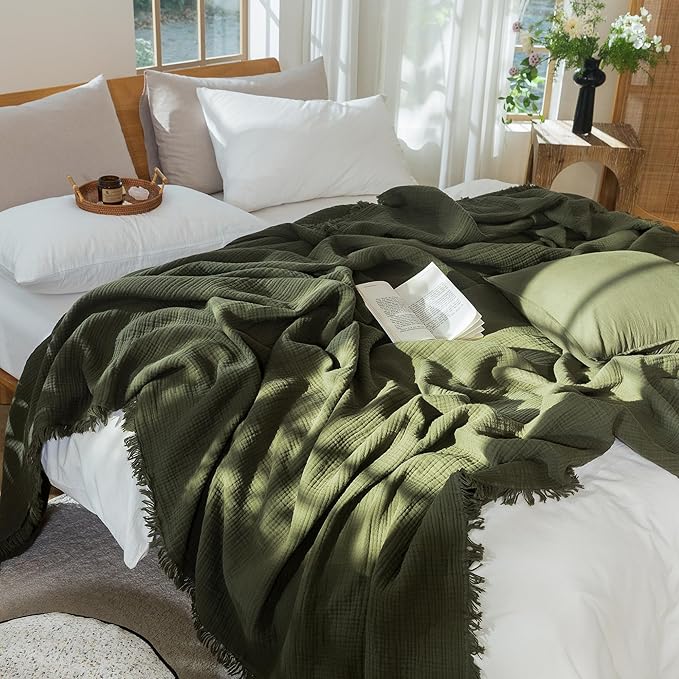 MooMee Muslin Blanket - 100% Cotton 4-Layer Gauze Throw Blanket with All-Around Fringe, Ultra-Soft Breathable Lightweight Cooling Decorative for Bed, Sofa & Couch (Olive Green,Super King 108" x 98")