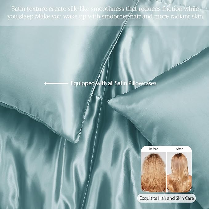 Whale Flotilla 3-Piece Reversible Silky Soft Queen Comforter Bedding Set, Luxurious Satin Comforters Full Size with 2 Satin Pillowcases, Lightweight Duvet for All Seasons, Haze Blue