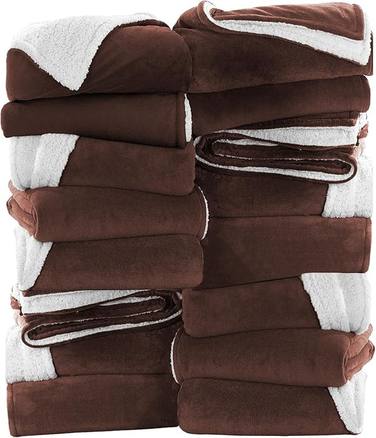 MOONLIGHT20015 Coffee Sherpa Fleece Throw Blanket for Bed - Wholesale Bulk Pack of 16 Sherpa Blankets - Soft Fluffy Throw Blankets for Hotels, Guest Bedroom, 50x60 Inches