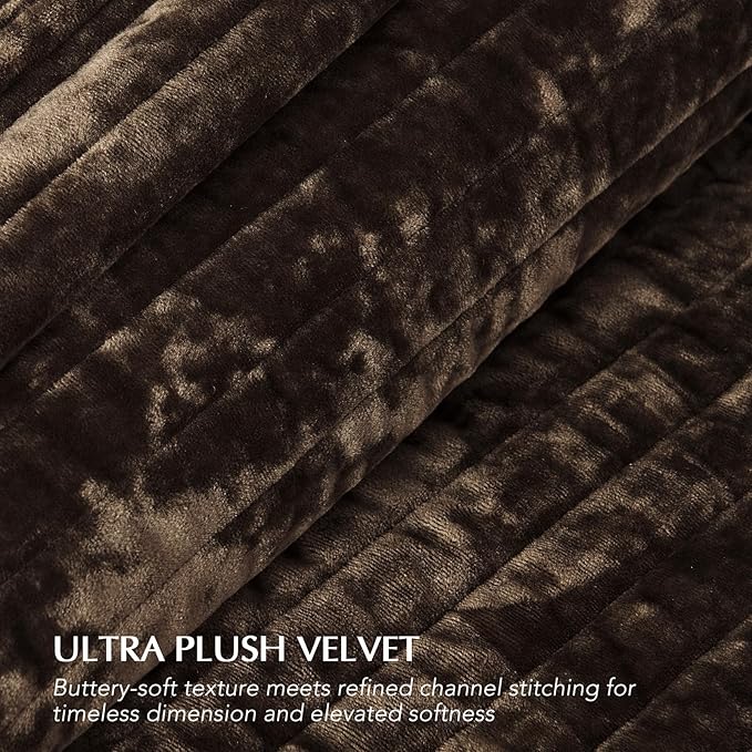 EVERGRACE Velvet Quilt Set Queen Size, Luxurious Soft Striped Channel Bedding Set, Lightweight Velvet Comforter for All Season, Oversized Bedspread Coverlet with 2 Matching Shams, Walnut Brown