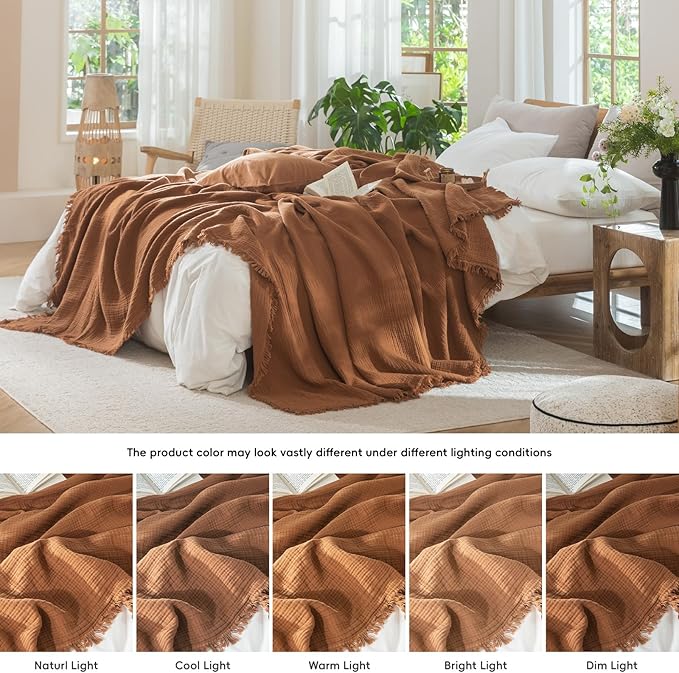 MooMee Muslin Blanket - 100% Cotton 4-Layer Gauze Throw Blanket with Tassels Ultra-Soft Breathable Lightweight Cooling for Bed Couch (Drak Orange,Oversized Queen 98" x 98")