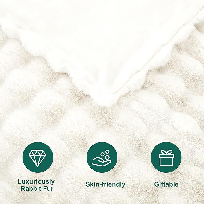 DREAMNINE Large Soft Thick Fuzzy Bubble Faux Rabbit Fur Blanket Queen Size 80" x 90", Double Sided Plush Warm Shaggy Fluffy Blankets, Luxury Big Cozy Cute Textured Furry Blanket for Bed, Cream White