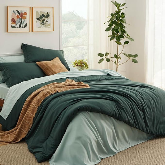 Bedsure Queen Comforter Set - 7 Pieces Forest Green Queen Bedding Set for All Seasons, Boho Contrasting Design Bed in a Bag with Comforter, Sheets, Pillowcases & Shams