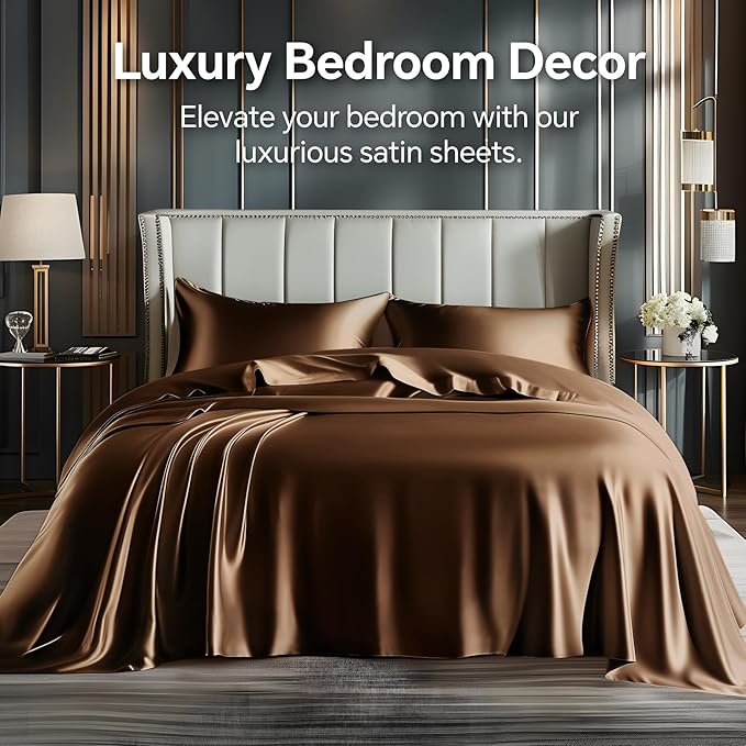 BEDELITE California King Sheets Set, Luxury Soft Brown Satin Sheets for Hair and Skin, Similar to Silk Bed Sheets Set 4 Pieces with 1 Deep Pocket Fitted Sheet, 1 Flat Sheet, and 2 Pillowcases