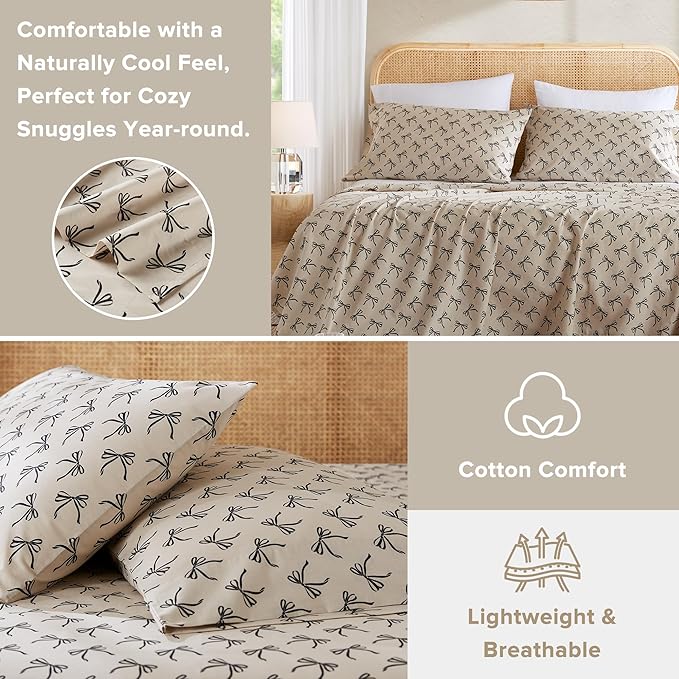 Comfort Spaces 100% Cotton Sheets Queen, Breathable, Naturally Cool Cotton Sheets, Cotton Bed Sheets with 14" Elastic Pocket Fits up to 16" Mattress, All Seasons Sheet Set, Bow Black/Taupe 4 Piece