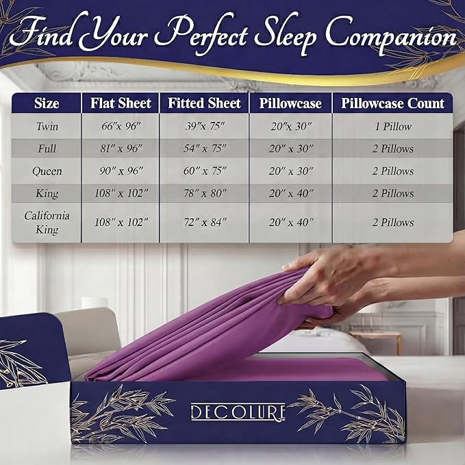 DECOLURE 100% Viscose Derived from Bamboo Sheets King Size - Luxury 4 Pc Naturally Cooling Sheets, Ultra Soft Bed Set - Deep 17" Pockets, Durable Double Stitching, Oeko Tex Standard (Purple)